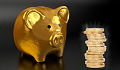 a gold piggy bank with a stack of golden coins